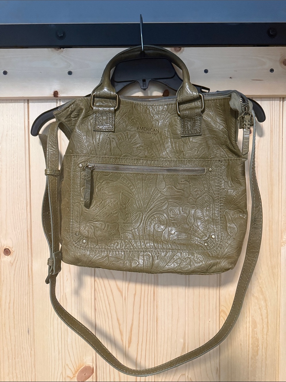 American Leather & Co Olive Green Paisley Embossed Leather Bag